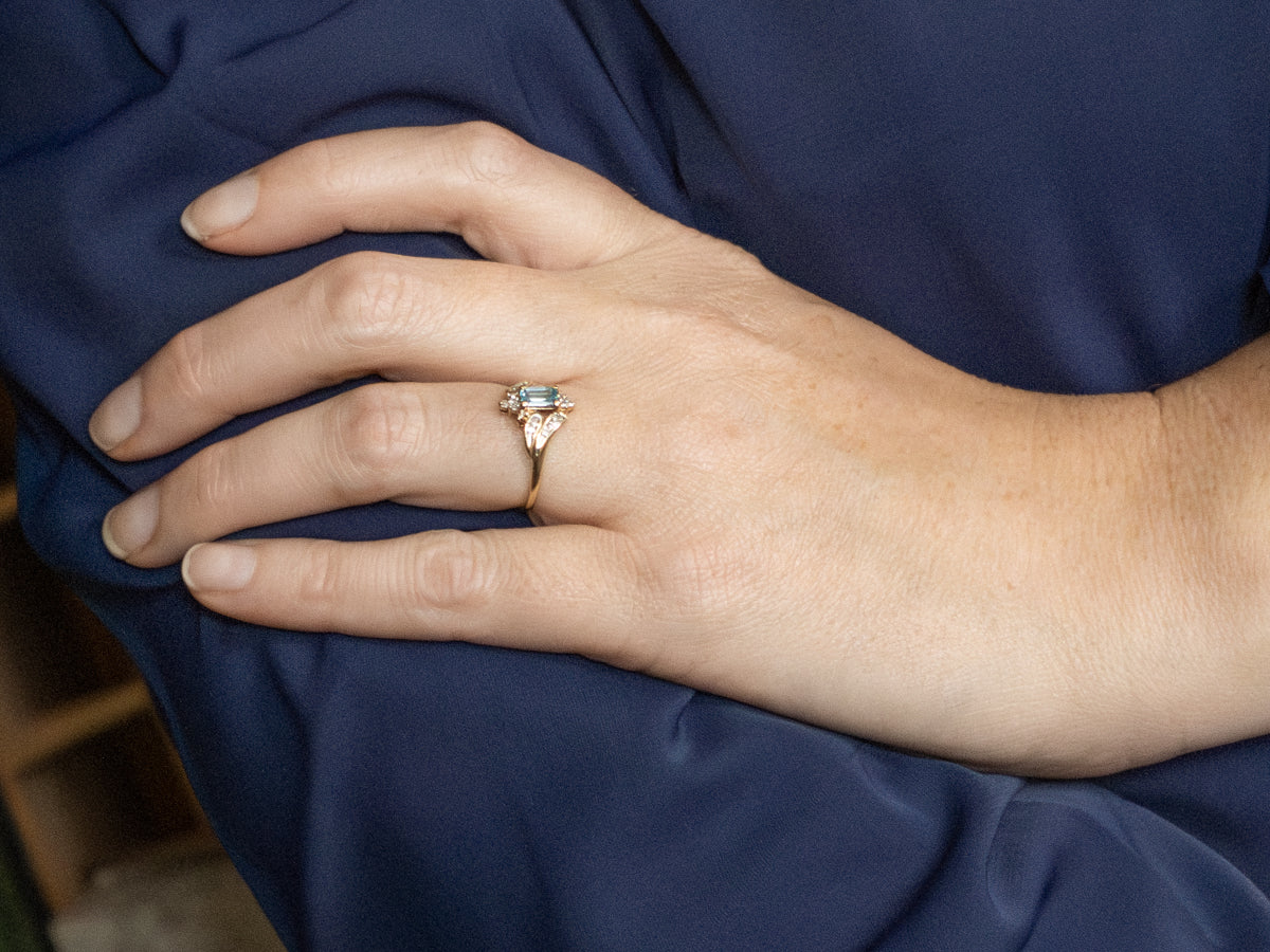 Emerald-Cut Blue Zircon Diamond Vintage Bypass Ring