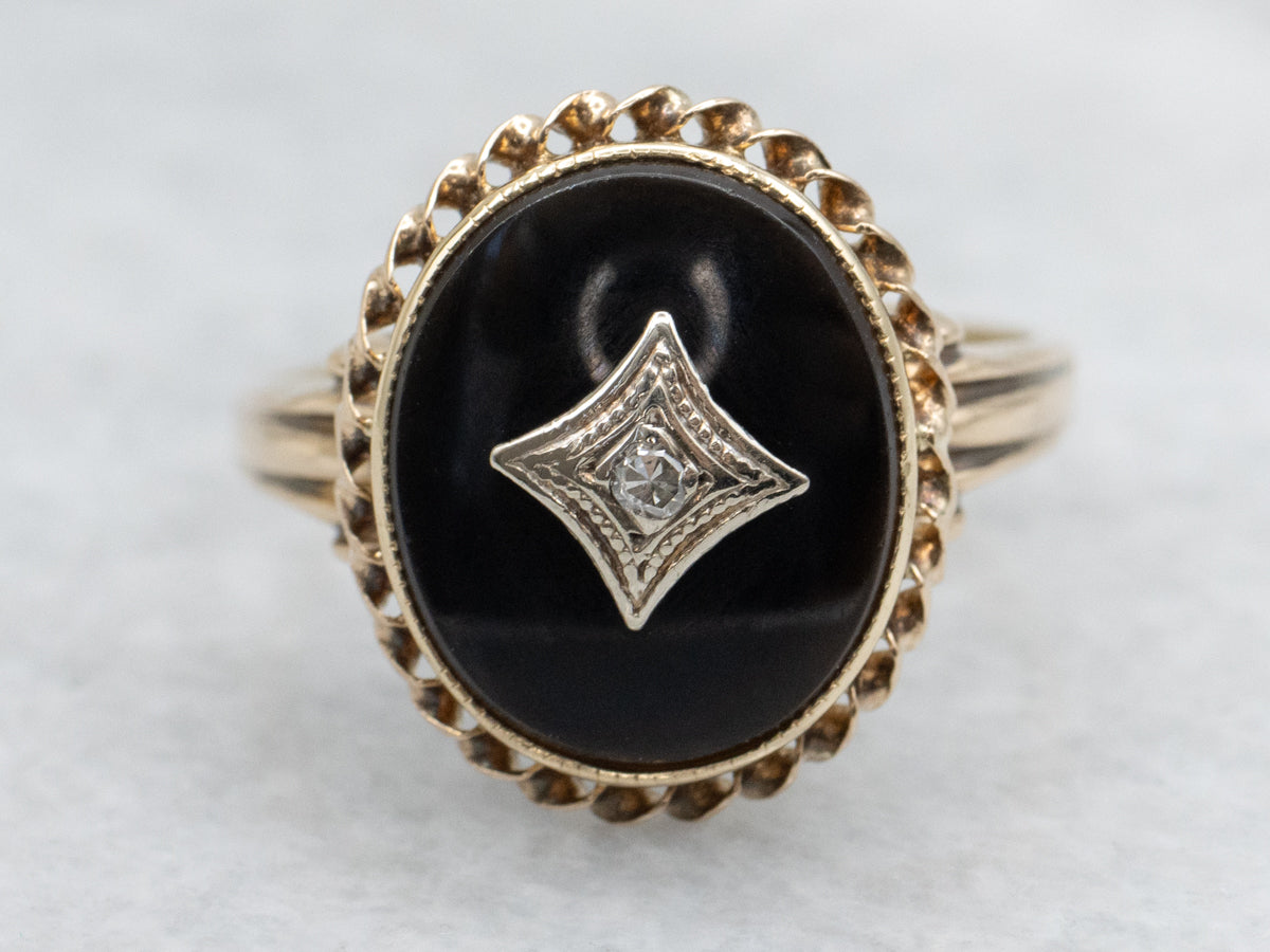 Mid-Century 10K Gold Black Onyx Diamond Ring
