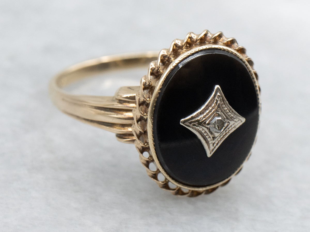 Mid-Century 10K Gold Black Onyx Diamond Ring