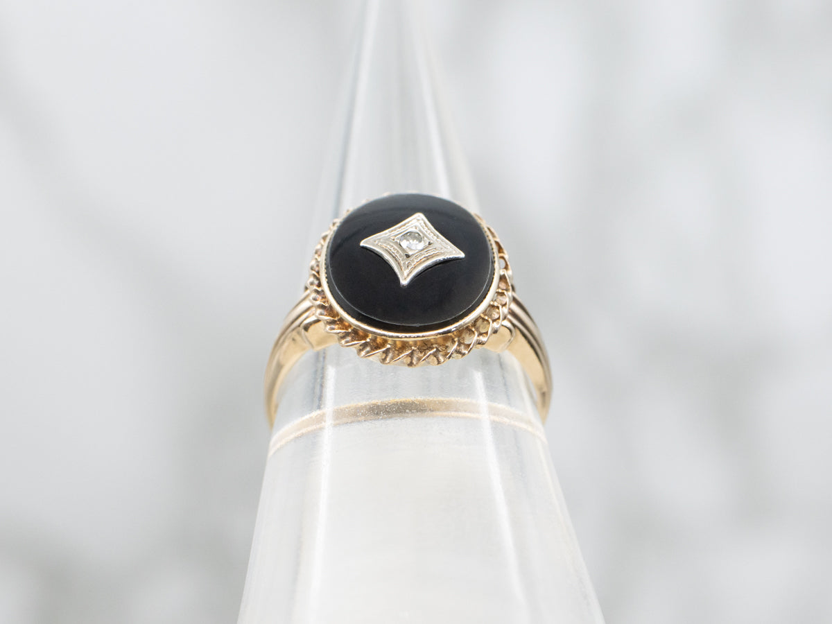 Mid-Century 10K Gold Black Onyx Diamond Ring