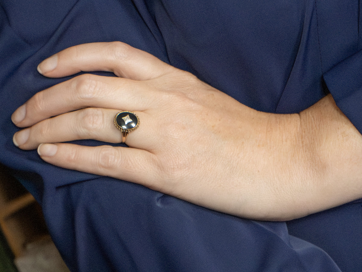 Mid-Century 10K Gold Black Onyx Diamond Ring
