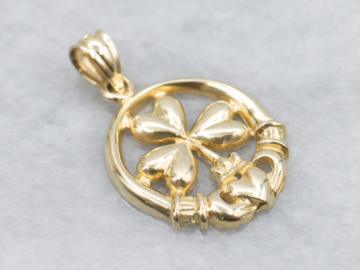 Irish Clover and Claddagh Gold Pendant