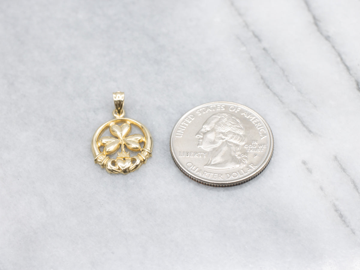 Irish Clover and Claddagh Gold Pendant