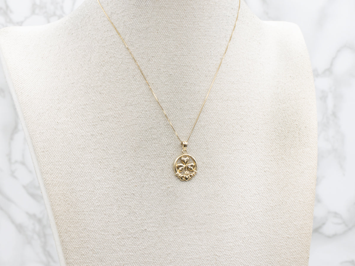 Irish Clover and Claddagh Gold Pendant