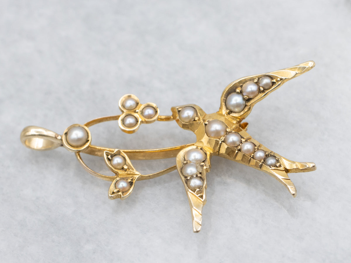 Antique Yellow Gold Seed Pearl Sparrow Pendant