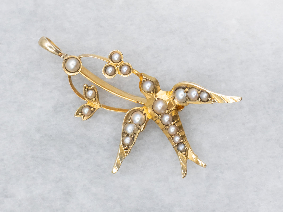 Antique Yellow Gold Seed Pearl Sparrow Pendant