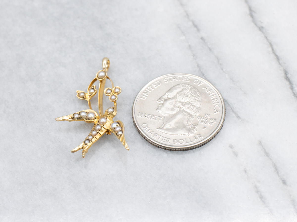 Antique Yellow Gold Seed Pearl Sparrow Pendant