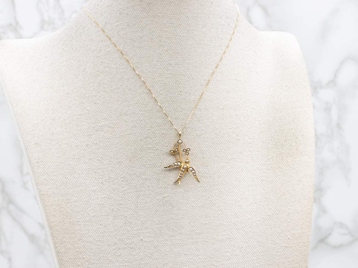 Antique Yellow Gold Seed Pearl Sparrow Pendant