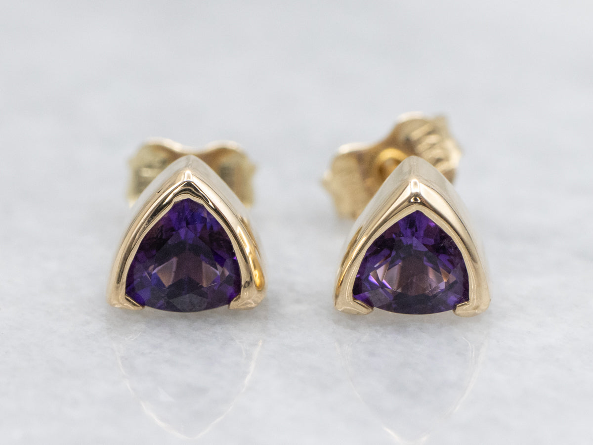Italian Gold Trillion Cut Amethyst Stud Earrings