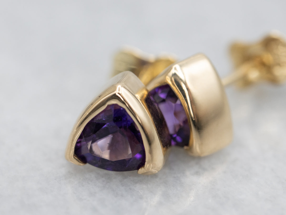 Italian Gold Trillion Cut Amethyst Stud Earrings