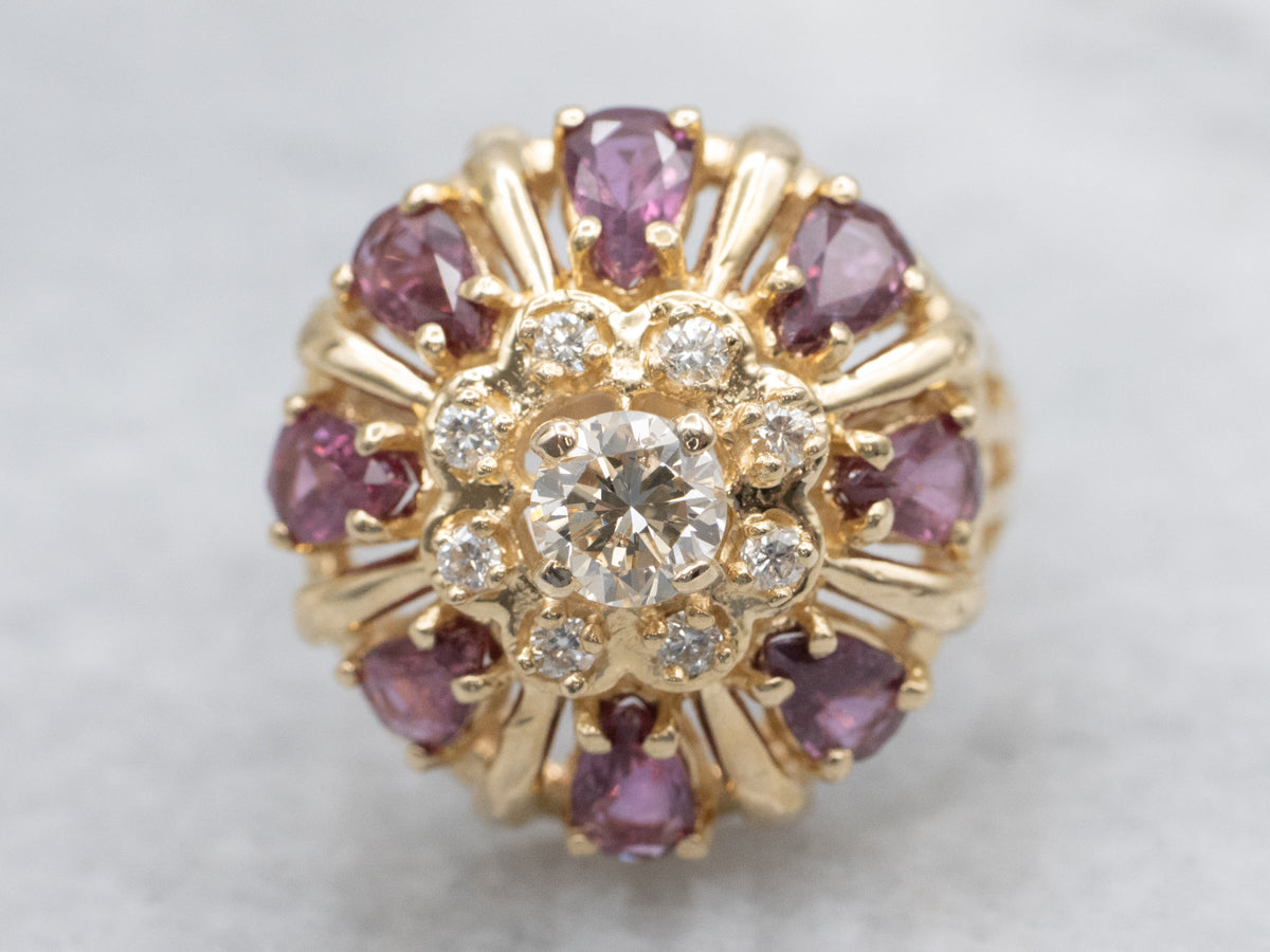 Diamond and Ruby Floral Halo Cocktail Ring