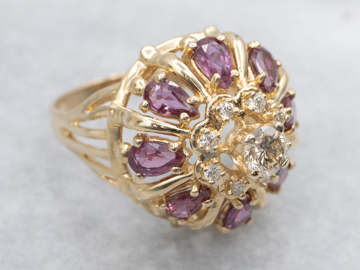Diamond and Ruby Floral Halo Cocktail Ring