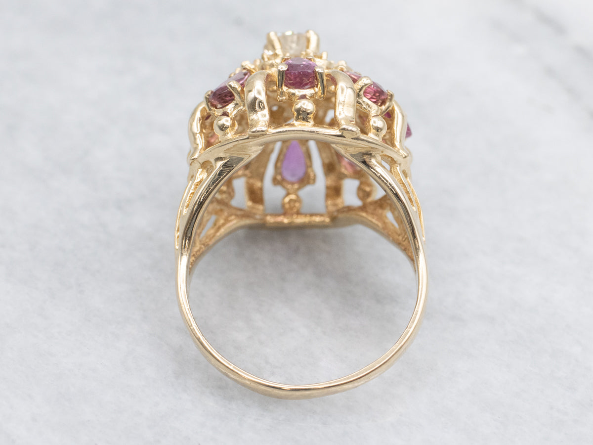 Diamond and Ruby Floral Halo Cocktail Ring