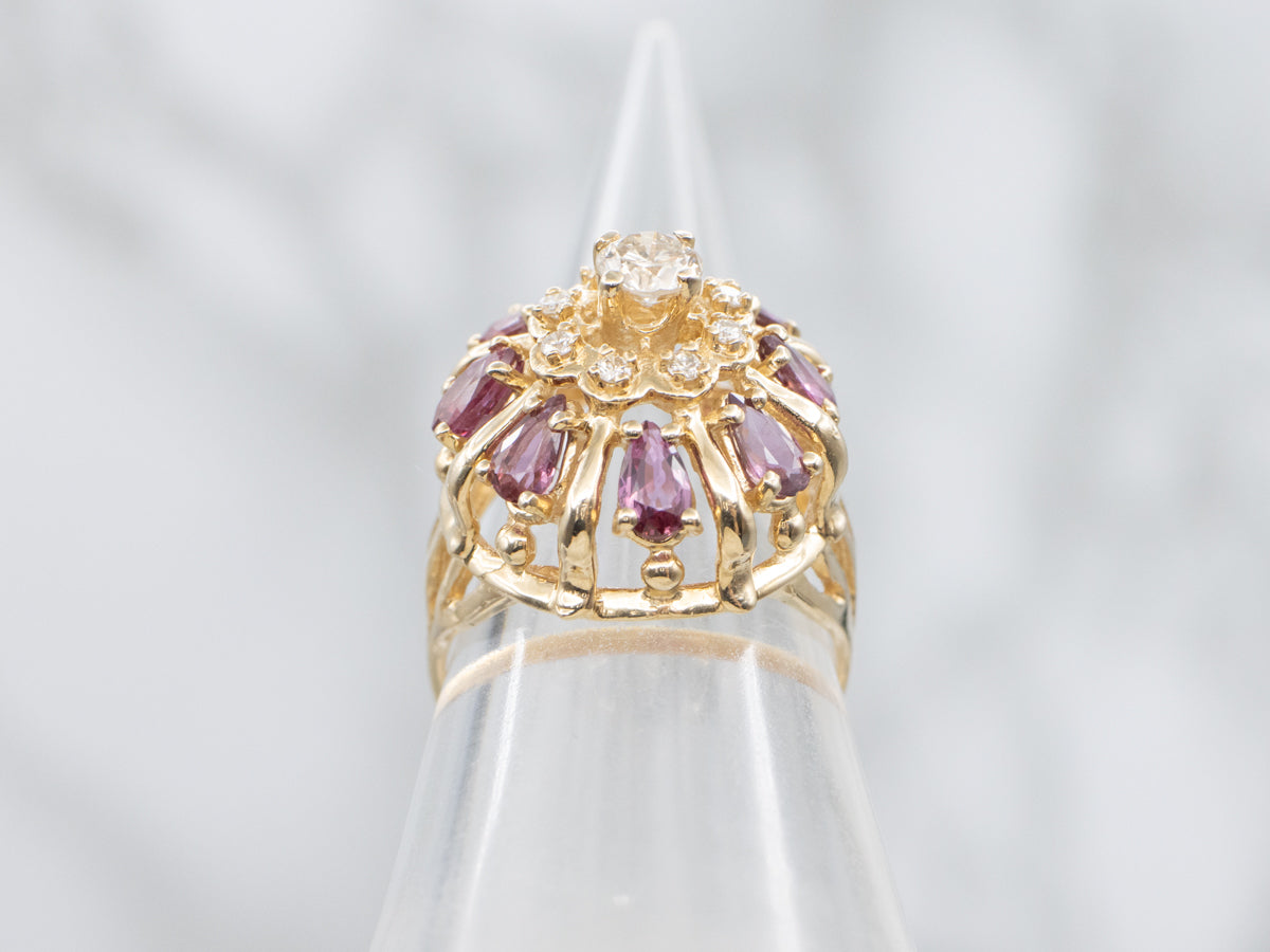 Diamond and Ruby Floral Halo Cocktail Ring