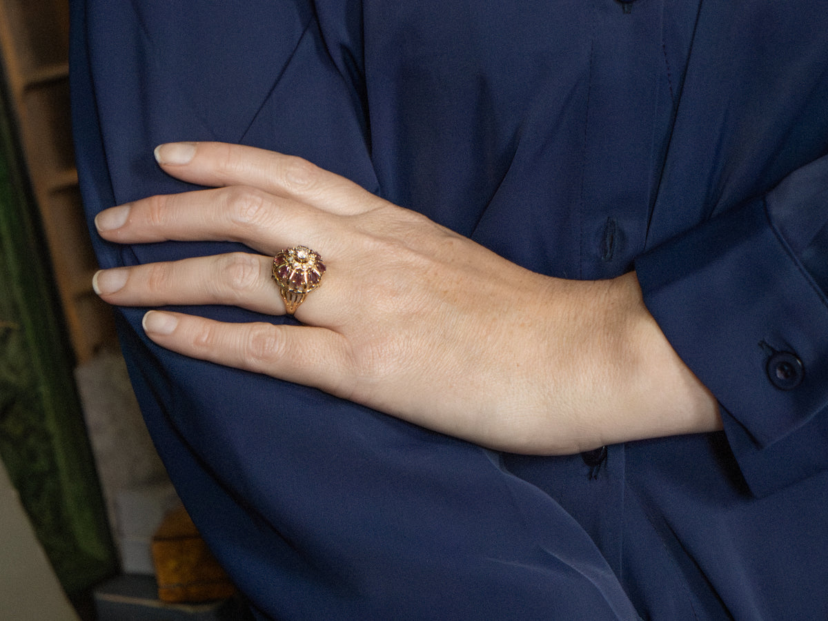 Diamond and Ruby Floral Halo Cocktail Ring