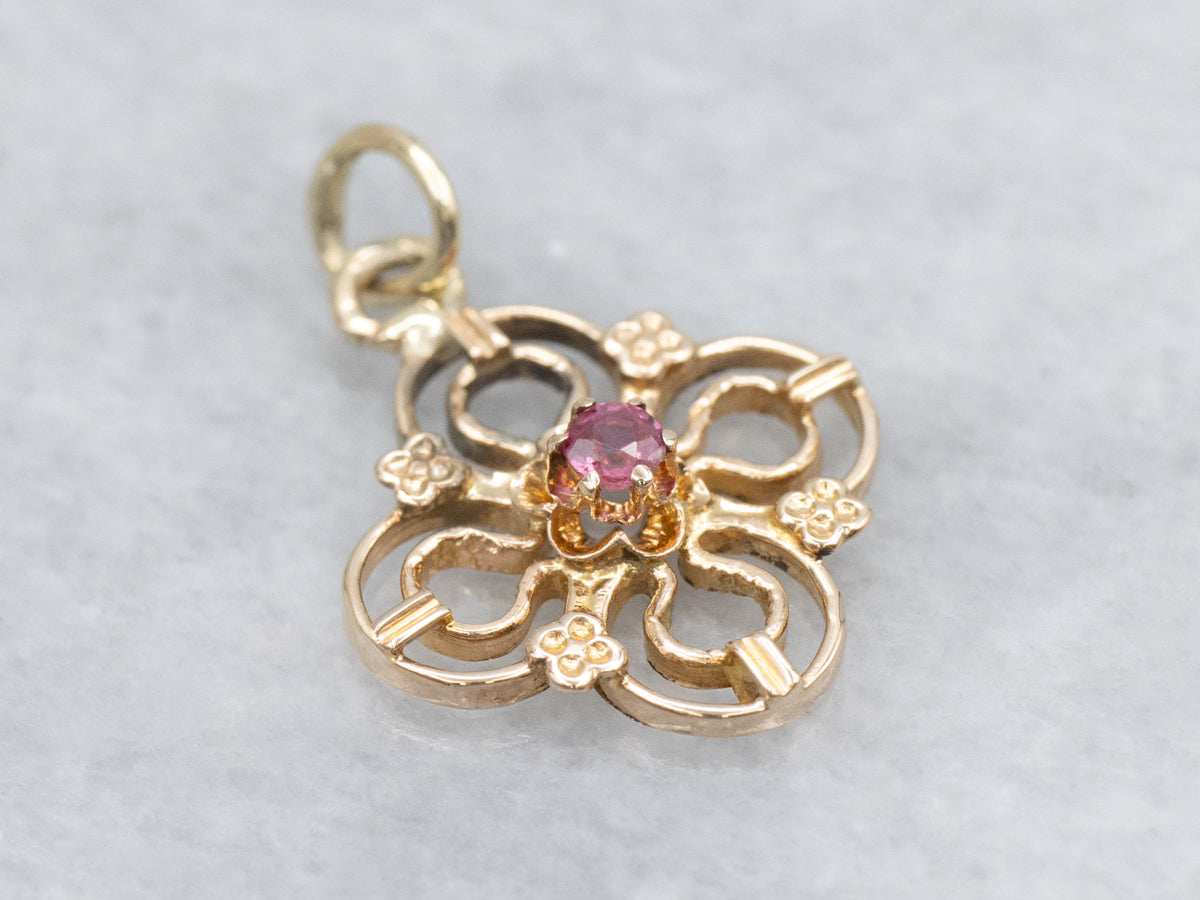 Ruby and Gold Floral Stickpin Conversion Pendant