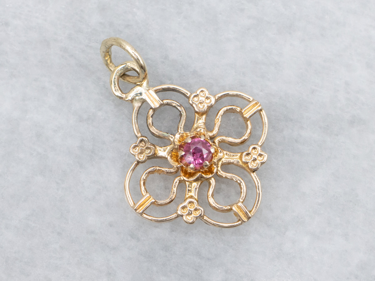 Ruby and Gold Floral Stickpin Conversion Pendant