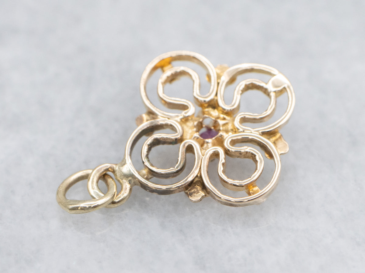 Ruby and Gold Floral Stickpin Conversion Pendant