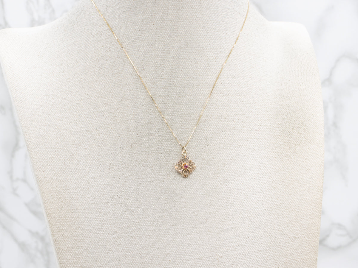 Ruby and Gold Floral Stickpin Conversion Pendant