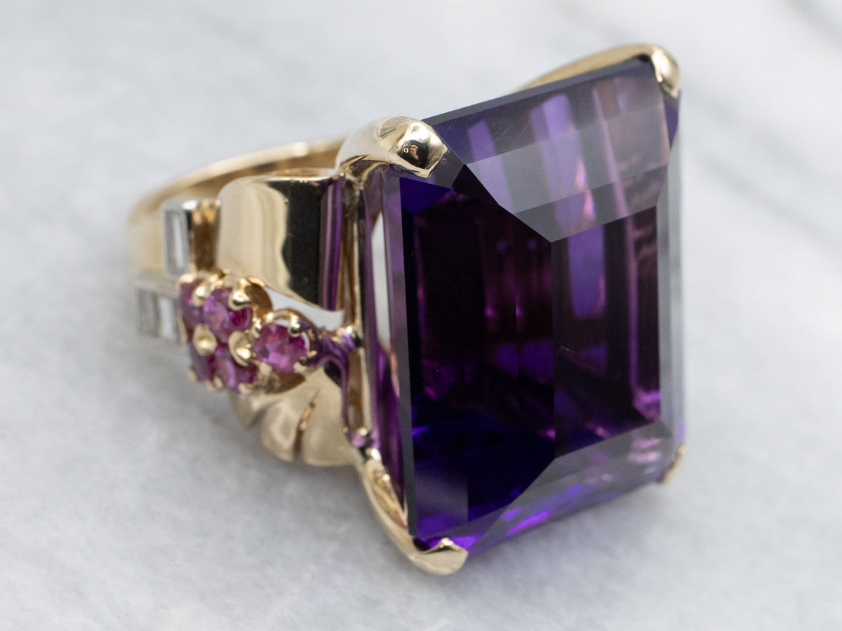 Vintage 14K Yellow Gold Amethyst Ring with Ruby and Diamond Accents