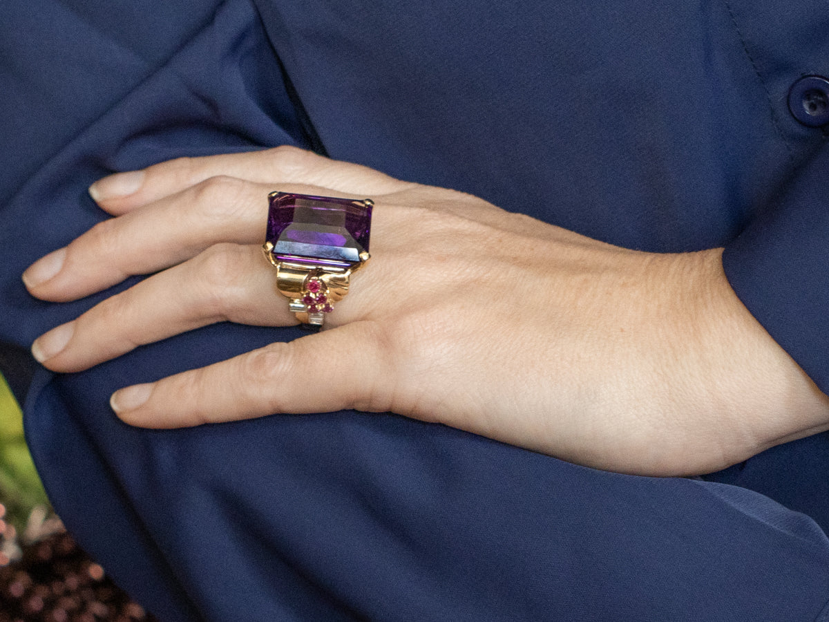 Vintage 14K Yellow Gold Amethyst Ring with Ruby and Diamond Accents