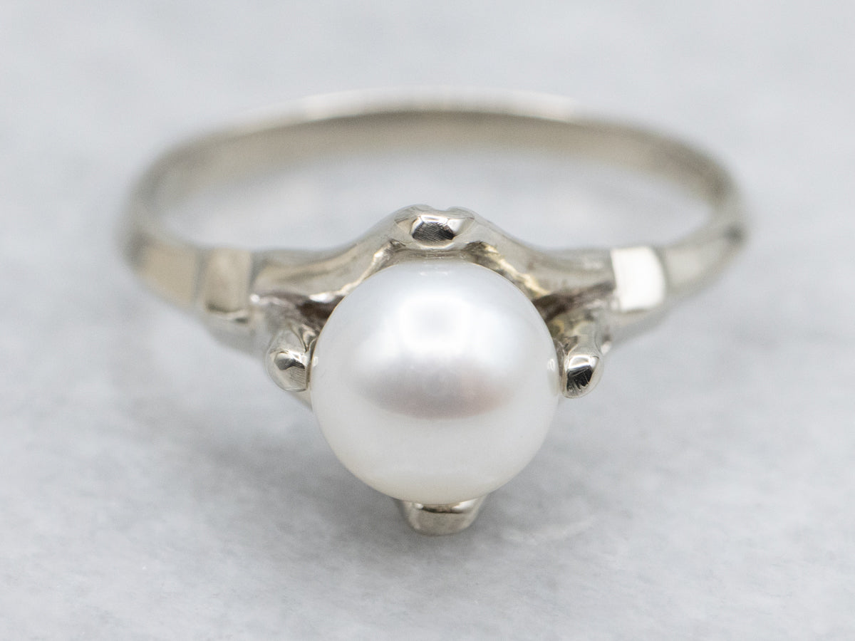 White Gold Pearl Solitaire Ring