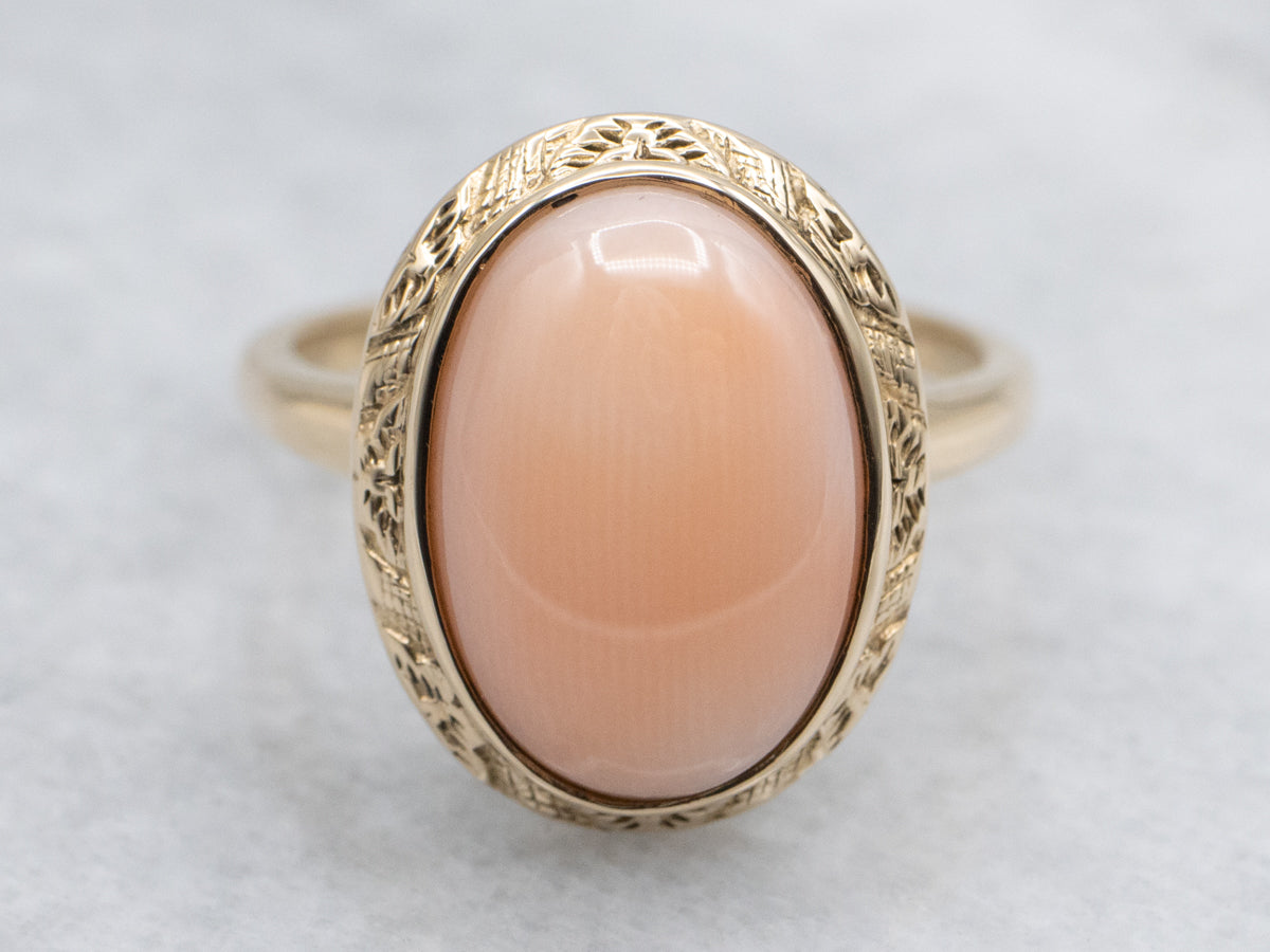 Vintage Sweet Pink Coral 14K Yellow Engraved Gold Ring