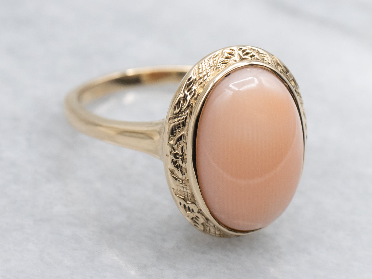 Vintage Sweet Pink Coral 14K Yellow Engraved Gold Ring