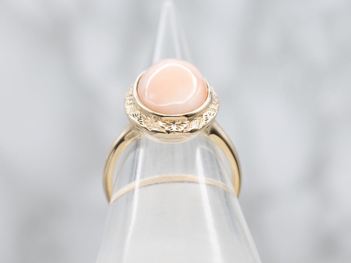 Vintage Sweet Pink Coral 14K Yellow Engraved Gold Ring