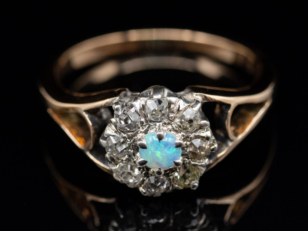 Opal and Old Mine Cut Diamond Halo Gold and Sterling Silver Ring