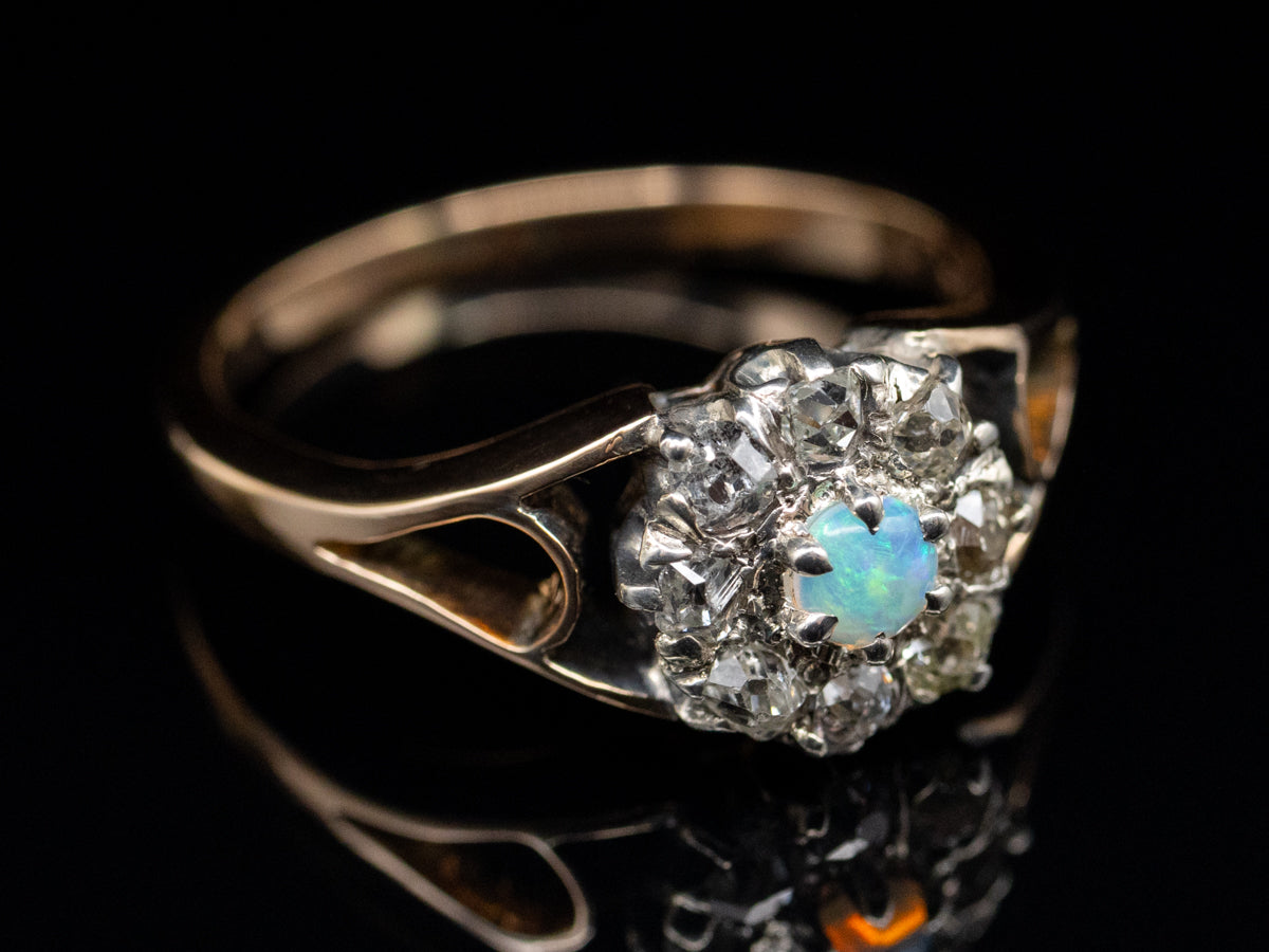 Opal and Old Mine Cut Diamond Halo Gold and Sterling Silver Ring