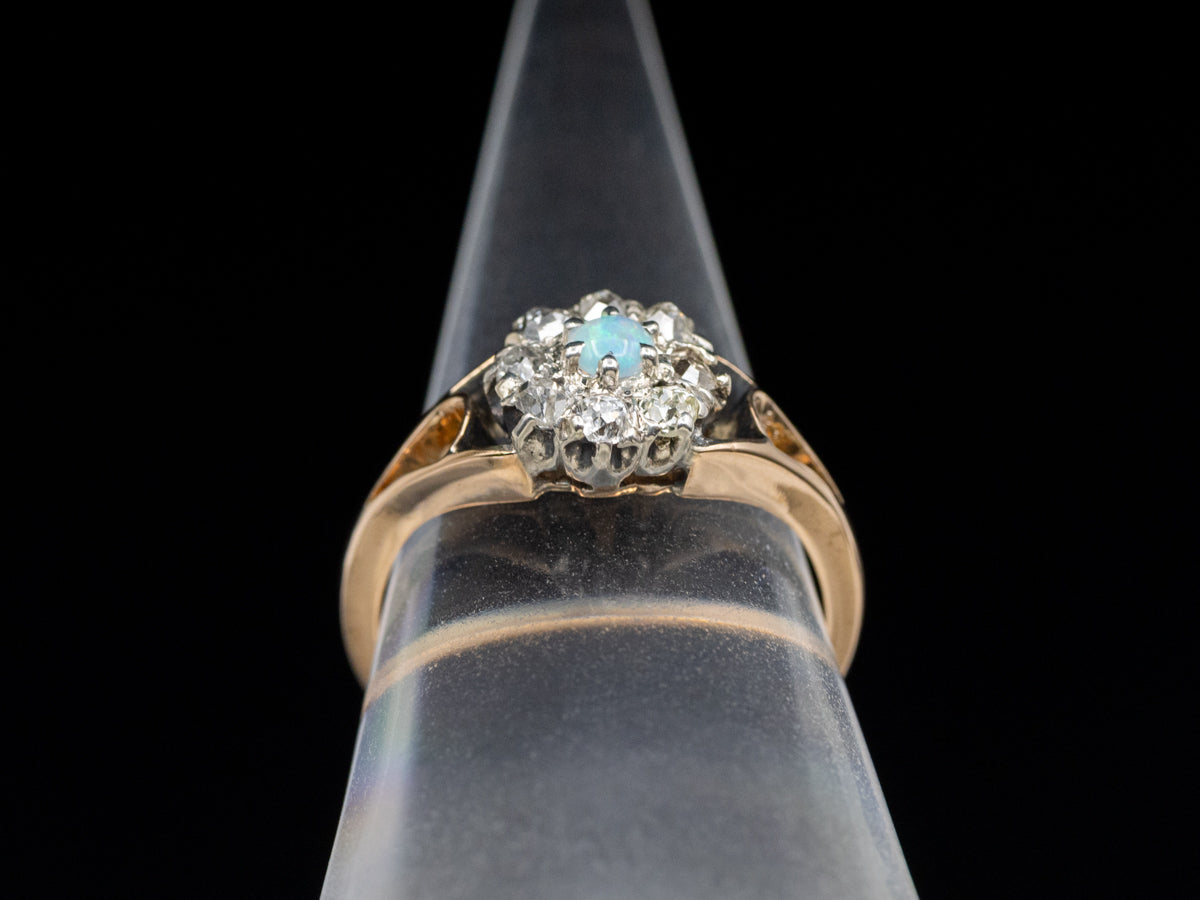 Opal and Old Mine Cut Diamond Halo Gold and Sterling Silver Ring