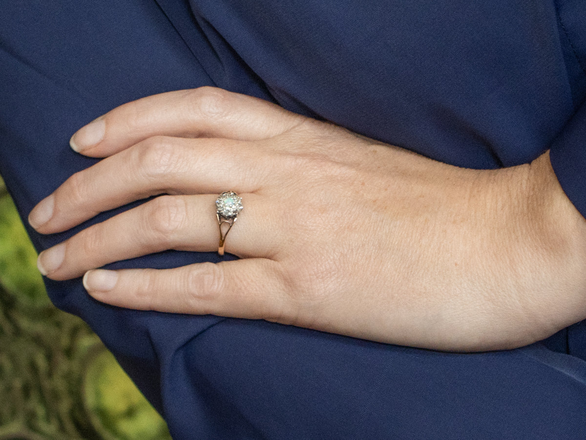 Opal and Old Mine Cut Diamond Halo Gold and Sterling Silver Ring