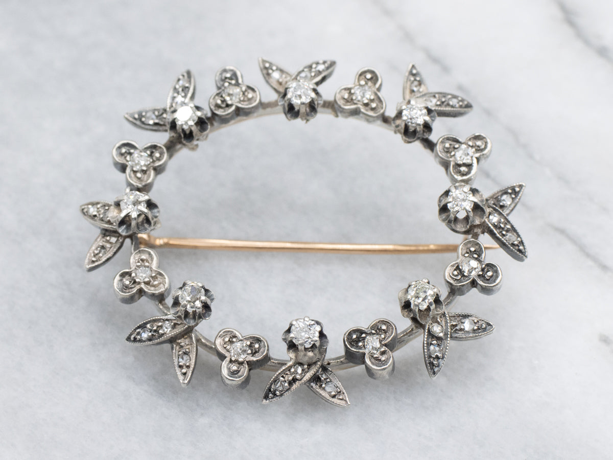 Antique Old Mine Cut Diamond Floral Rose Gold and Sterling Silver Brooch