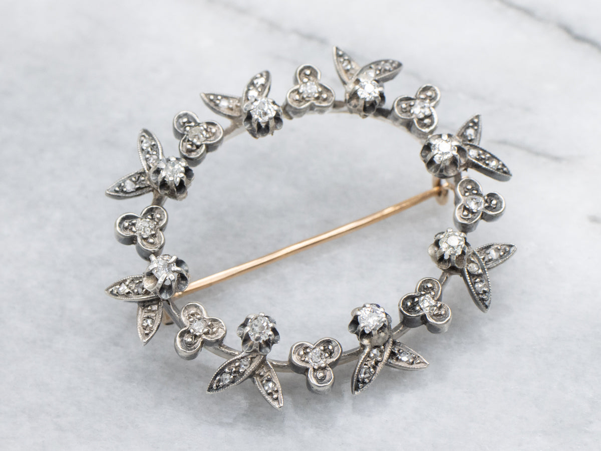 Antique Old Mine Cut Diamond Floral Rose Gold and Sterling Silver Brooch