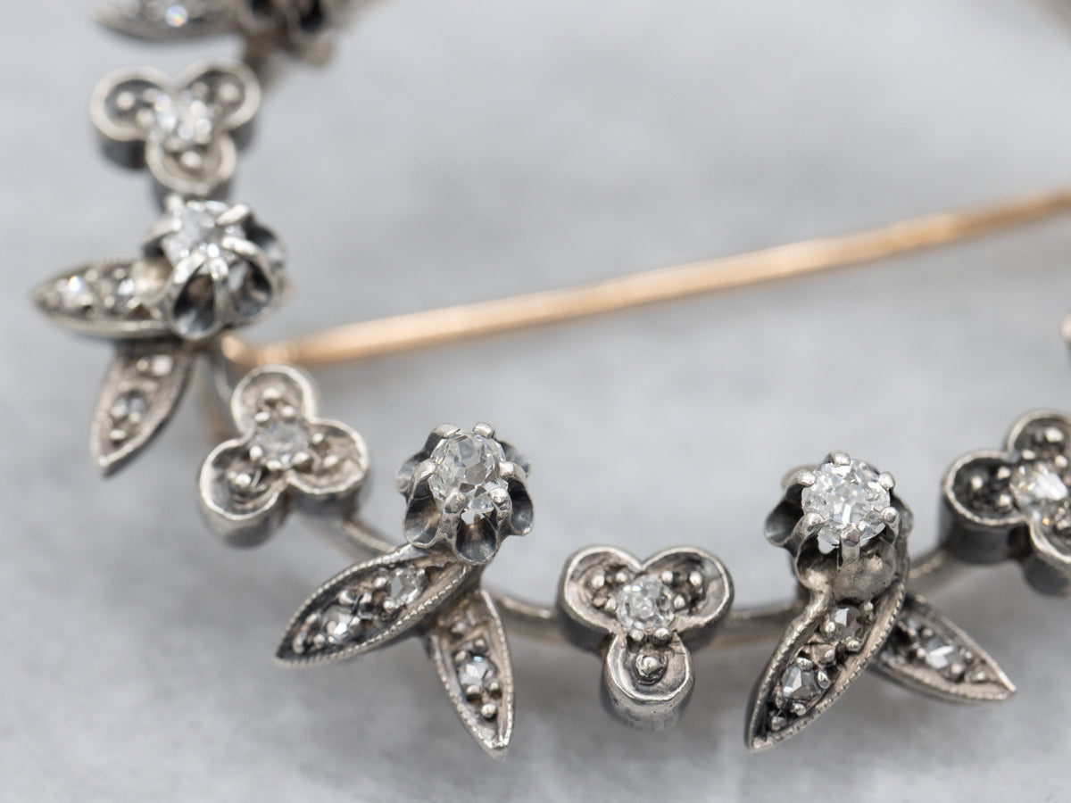 Antique Old Mine Cut Diamond Floral Rose Gold and Sterling Silver Brooch