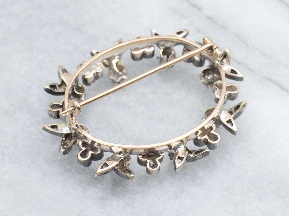 Antique Old Mine Cut Diamond Floral Rose Gold and Sterling Silver Brooch