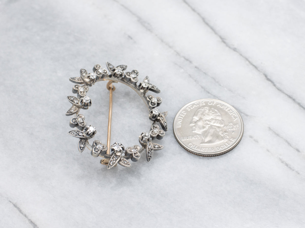 Antique Old Mine Cut Diamond Floral Rose Gold and Sterling Silver Brooch