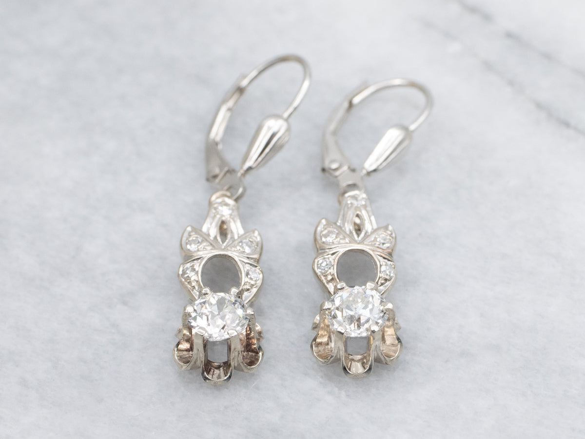 Old Mine Cut Diamond Vintage Conversion Drop Earrings in White Gold