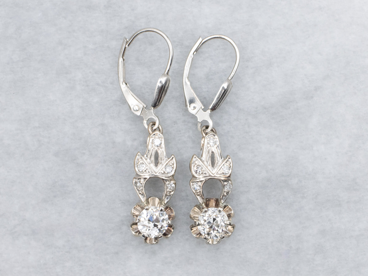 Old Mine Cut Diamond Vintage Conversion Drop Earrings in White Gold