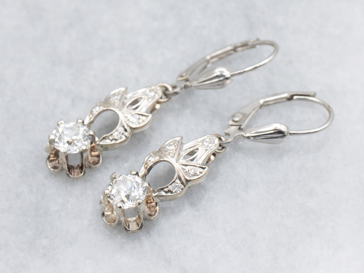 Old Mine Cut Diamond Vintage Conversion Drop Earrings in White Gold