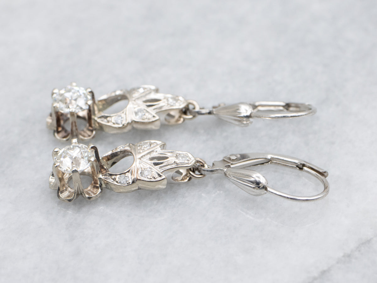 Old Mine Cut Diamond Vintage Conversion Drop Earrings in White Gold