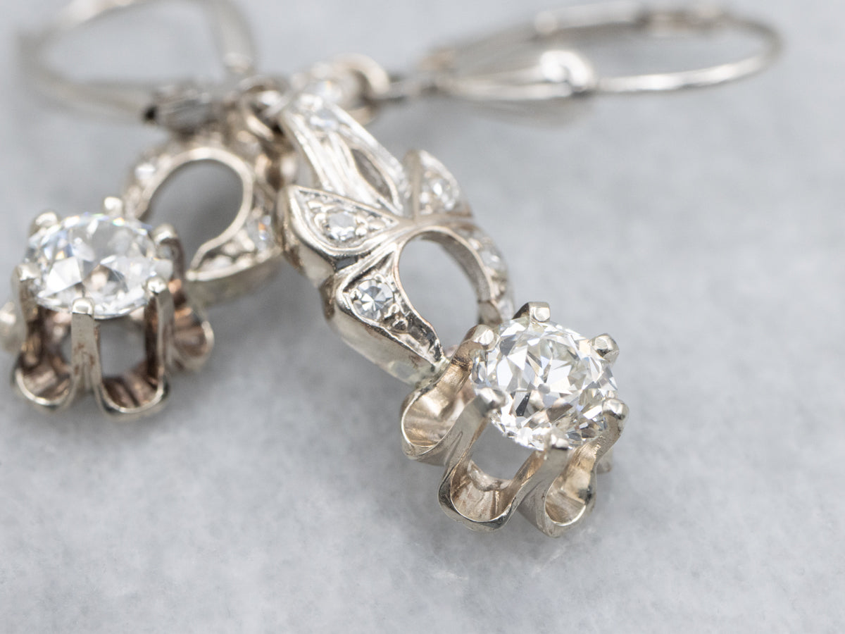 Old Mine Cut Diamond Vintage Conversion Drop Earrings in White Gold