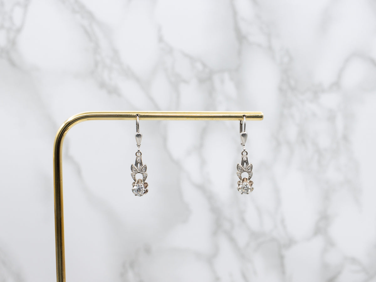 Old Mine Cut Diamond Vintage Conversion Drop Earrings in White Gold