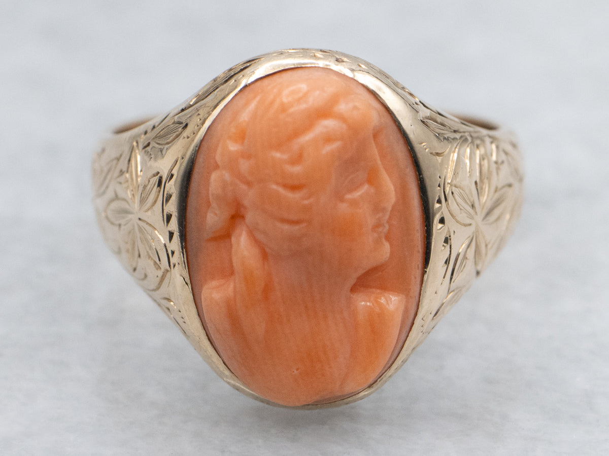 Victorian Coral Cameo Floral Engraved Rose Gold Ring