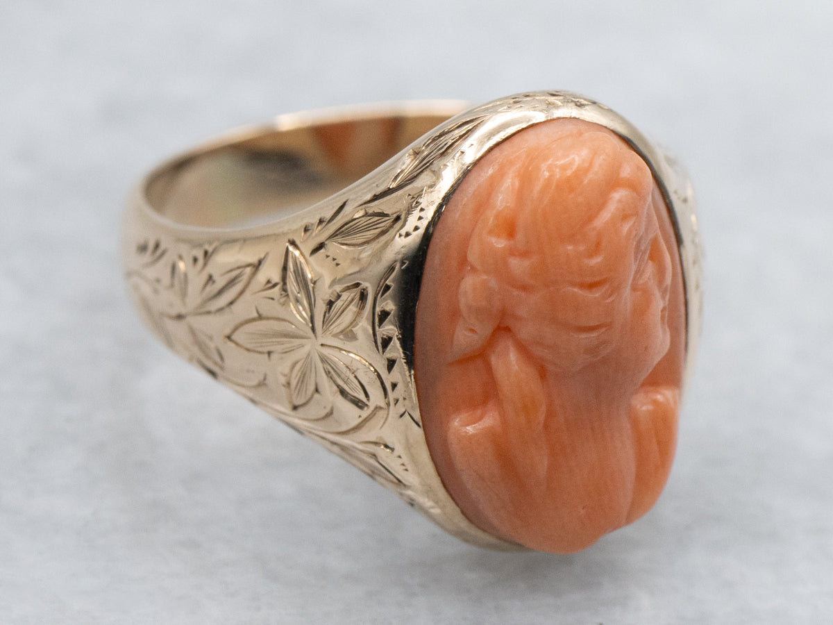 Victorian Coral Cameo Floral Engraved Rose Gold Ring