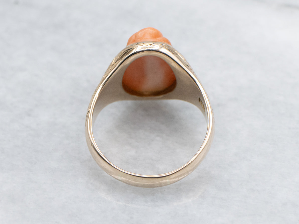 Victorian Coral Cameo Floral Engraved Rose Gold Ring
