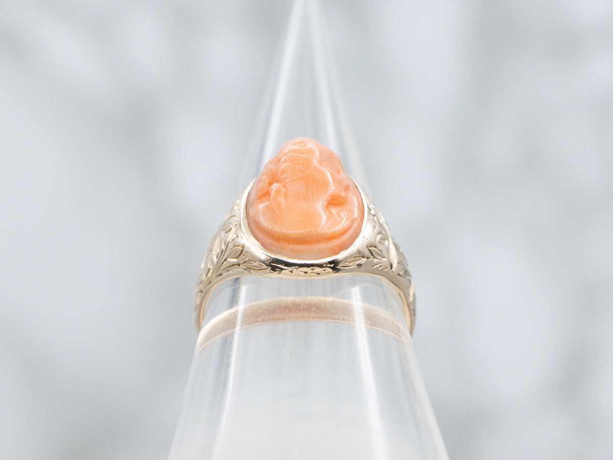 Victorian Coral Cameo Floral Engraved Rose Gold Ring