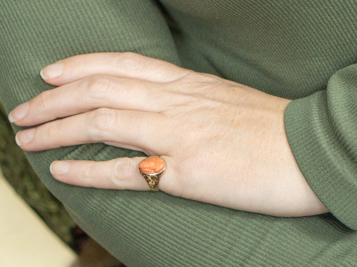 Victorian Coral Cameo Floral Engraved Rose Gold Ring