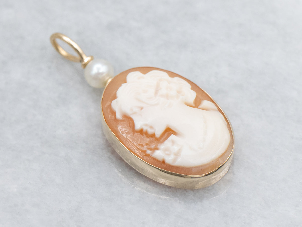 Vintage Italian Cameo and Pearl Yellow Gold Pendant